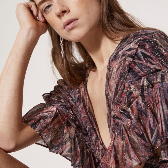 NWT Iro Buroux Metalic Ruffled Printed Lurex Dress in Blackfushia FR38 - Picture 6 of 6